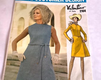 Vogue 2104 Valentino of Italy Vintage 1960s A-line Dress Pattern, Size 10