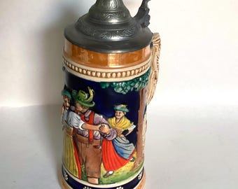 Vintage West German Beer Stein Hand Painted with Pewter Lid