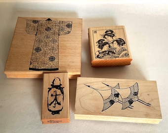 Set of 4 Japanese Theme Wood Block Mounted Rubber Stamps Cranes Geisha Kimono Geese