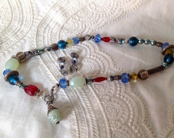 Signed Carol Kent Bead Statement Necklace with Earrings
