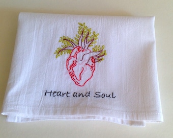 Hand embroidered cotton dish towel Heart and Soul Anatomical Heart