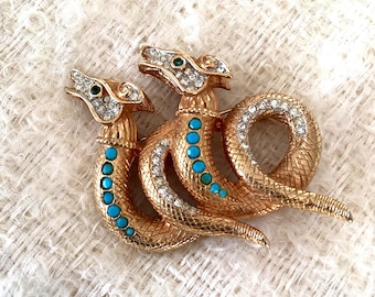 Vintage Schrager Double Serpent Goldstone Brooch