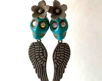 Blue Skull Drop Dangle Turquoise Color Silvertone Earrings