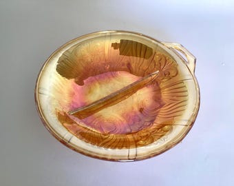 Vintage Rose Gold Iridescent Indiana Glass Condiment Dish, 2 Sections