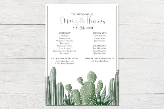 5x7 Cactus Wedding Watercolor Program Invitation Diy Digital Etsy
