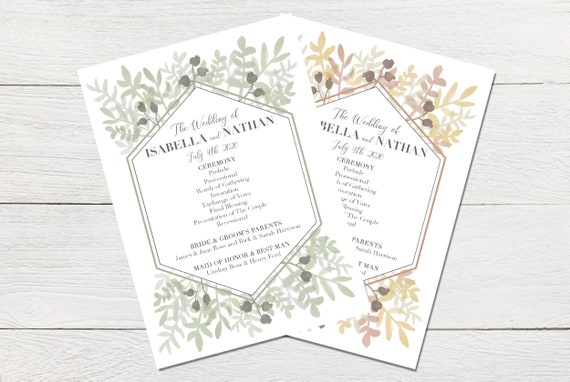 5x7 Greenery Wedding Watercolor Program Invitation Diy Etsy