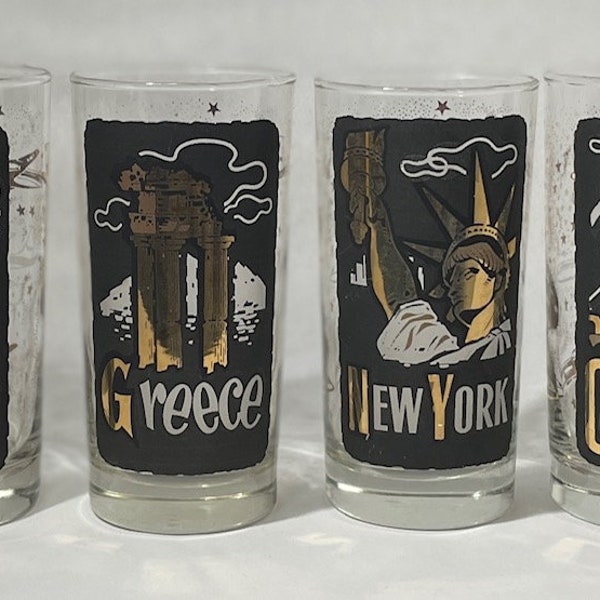 SET of SIX vintage TWA airline collector Libby glasses, Black, Gold and frosted