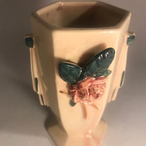 Vintage McCoy hexagon Vase with rose and side handles