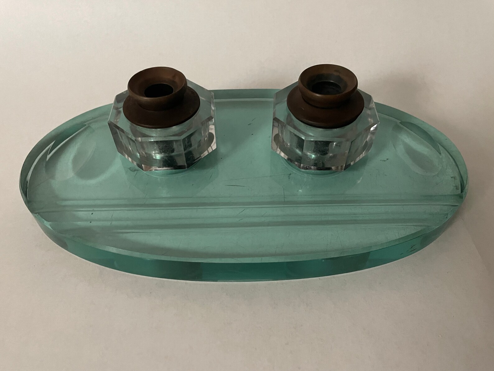 Art Deco Solid Glass Dual Inkwell Desk Set Green Tinged Base Etsy