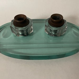 Art Deco solid glass dual inkwell desk set, green tinged base with clear ink wells marked with Davis Automatic 1913