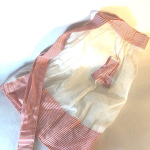 Vintage white organdy hostess apron with red and white stripes