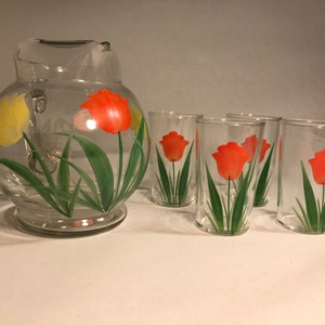Vintage Federal Glass Pitcher and Juice Glasses with red tulips-set of 4 glasses