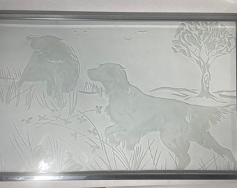 Vintage art deco chrome and glass tray with scene of Irish pointers among foliage