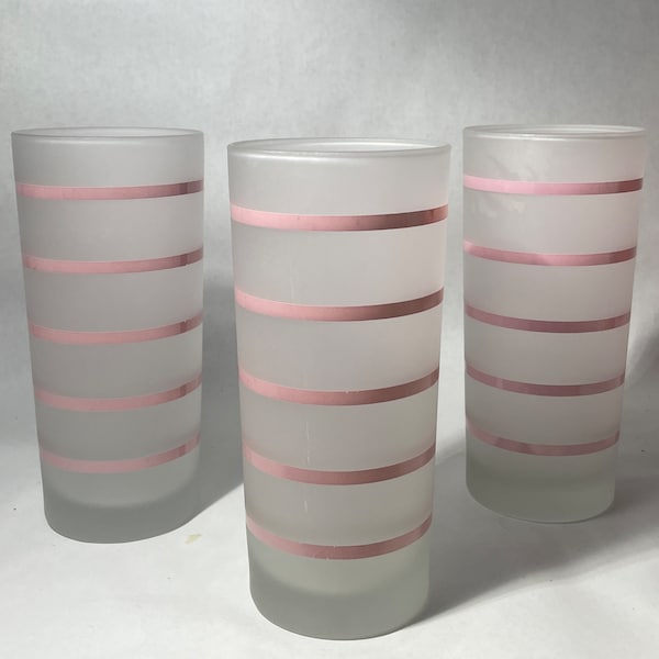 SET of THREE Vintage frosted collins drinking glasses with 5 pile pink stripes