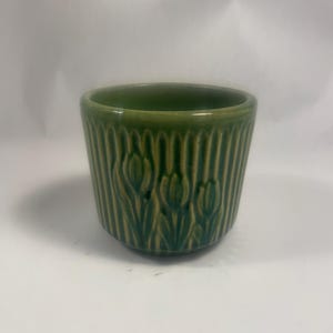 Vintage 1930s Brush-McCoy Pottery #266 Ribbed Tulip Planter Pot Matte Green Art Deco Jardiniere
