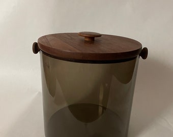 Vintage smoked acrylic ice bucket with teak top.