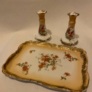 Vintage Austrian Early 20th Century Porcelain decorated  Dresser/vanity set of tray and 2 candlesticks