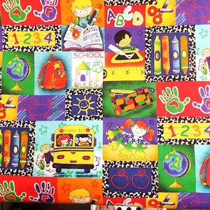 May include: A colorful fabric with a school theme. The fabric features a variety of images, including a school bus, a globe, a backpack, crayons, and handprints. The fabric also includes the words "1234", "ABC", and "School Rules".