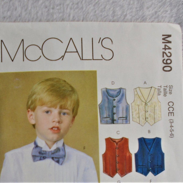 McCall's 4290 Pattern, Boys Lined Vest, Cummerbund, Bow and Neck Tie, Uncut