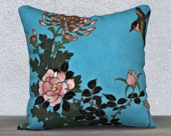 Örngott • 18x18 • Asiatisk konst Japansk cloisonné-tallriksdesign • Vackert fågel- och blommotiv • Polyestersammet