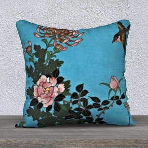 Pillow Cover • 18x18 • Asian Art Japanese Cloisonné Charger Plate Design • Lovely Bird and Floral Motif • Polyester Velveteen