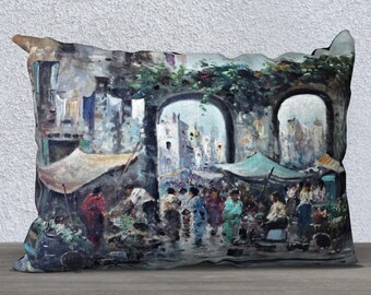 Funda de almohada • 20x14 • Mercado callejero • Diseño basado en una pintura de estilo impresionista de una escena de mercado italiano • Terciopelo de poliéster