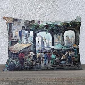Pillow Cover • 20x14 • Street Market • Design Based on Impressionist-Style Painting of Italian Market Scene • Polyester Velveteen
