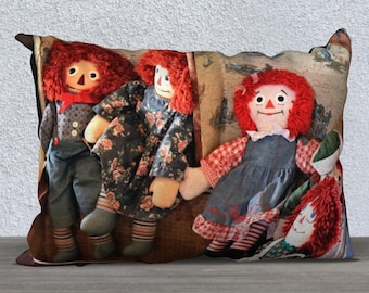 Örngott • 20x14 • Raggedy Ann och Andy Design • Bild av vintagedockor • Nostalgisk barndekor • Polyestersammet