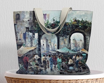 Tote Bag • Oversized Supersize Tote • Street Market Scene Design • Chic Functional Art • Cotton or Polyester Canvas • 20"W x 15"H x 4"D