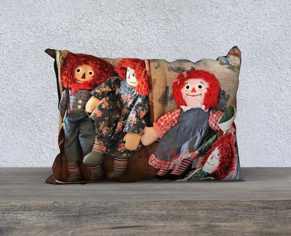 Pillow Cover • 20x14 • Raggedy Ann and Andy Design • Image of Vintage Dolls • Nostalgic Children's Décor • Polyester Velveteen