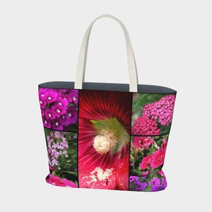 May include: A pink and purple floral tote bag with a white handle. The bag features a collage of different flowers, including pink, purple, and white blooms.