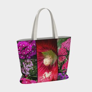 May include: A white tote bag with a collage of pink, purple, and red flowers. The flowers are arranged in a grid pattern on the bag.