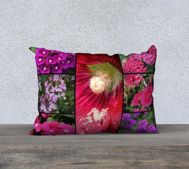 Örngott • 20x14 • Blomstermontage • Design baserad på flera bilder av blommor • Polyestersammet bild 1