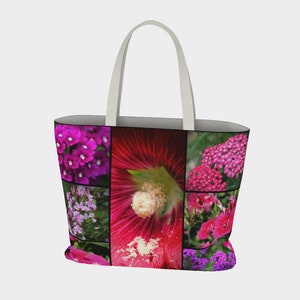 May include: A white tote bag with a collage of pink, purple, and red flowers printed on the front.