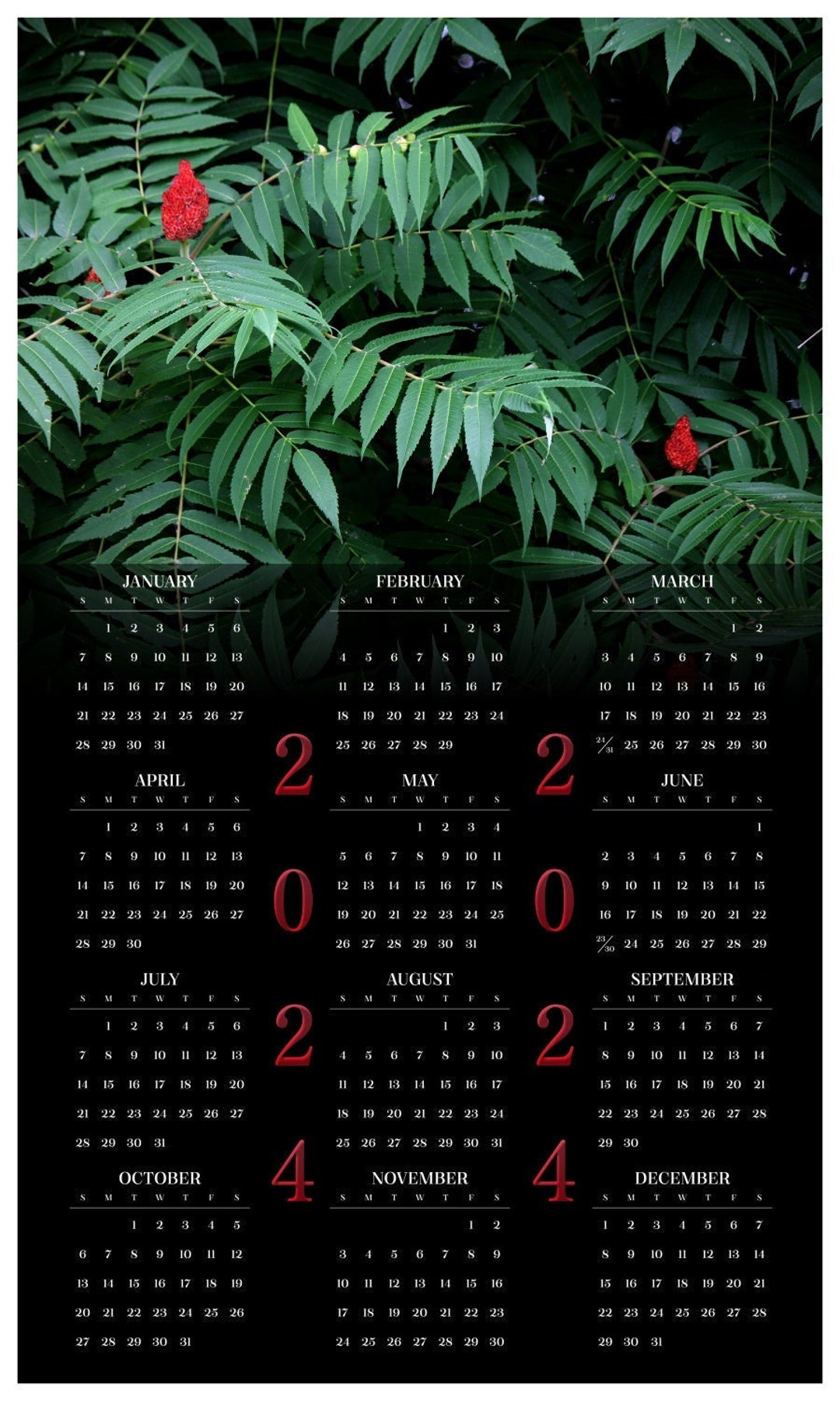 Wild Staghorn Sumac 2024 Year at a Glance Calendar Holiday Décor Yearly