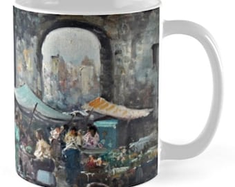 Ceramic Beverage Mug • Street Market design • Coffee, Tea, Boullion, Hot Toddy, etc • Post-Impressionist Painting of Italian Street Scene
