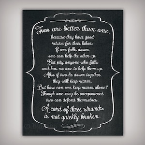 May include: Black and white chalkboard with a white border and white text. The text reads: "Two are better than one, because they have good return for their labour: If one falls down, one can help the other up. But pity anyone who falls and has no one to help them up. Also if two lie down together, they will keep warm. But how can one keep warm alone? Though one may be overpowered, two can defend themselves. A cord of three strands is not quickly broken."