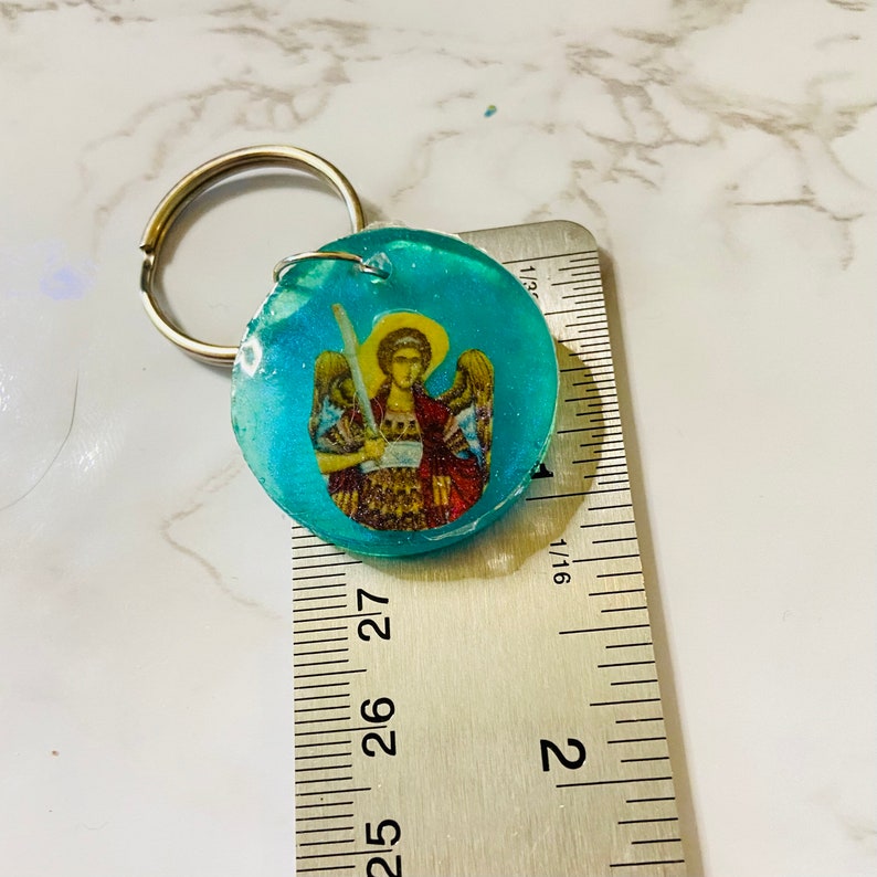 Saint Michael the Archangel Byzantine Greek Orthodox Icon Keychain, turquoise resin image 9