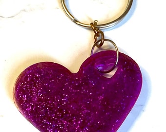 Heart handmade resin keychain, magenta glitter