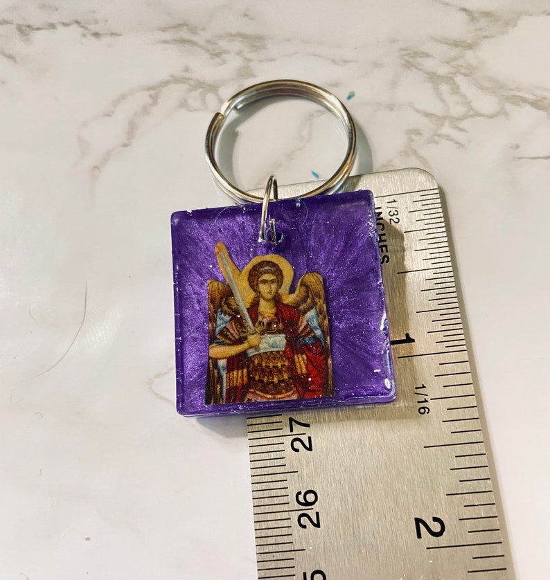 Saint Michael the Archangel Byzantine Greek Orthodox Icon Keychain, turquoise resin image 7