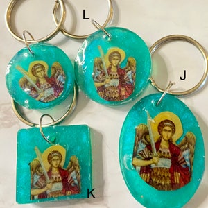 Saint Michael the Archangel Byzantine Greek Orthodox Icon Keychain, turquoise resin image 4