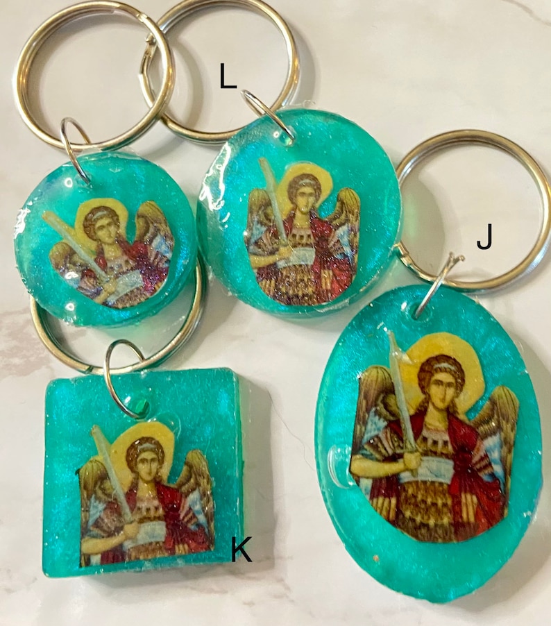 Saint Michael the Archangel Byzantine Greek Orthodox Icon Keychain, turquoise resin image 4