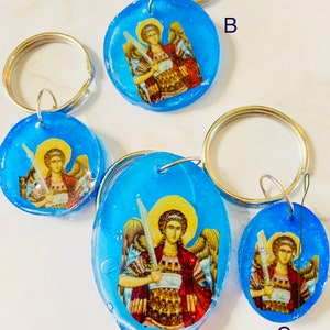 Saint Michael the Archangel Byzantine Greek Orthodox Icon Keychain, turquoise resin image 1