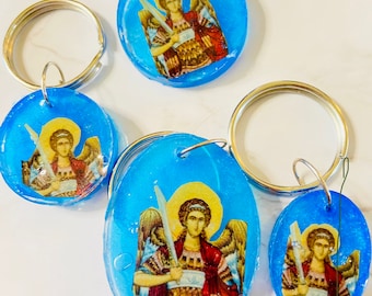 Saint Michael the Archangel Byzantine Greek Orthodox Icon Keychain, turquoise resin