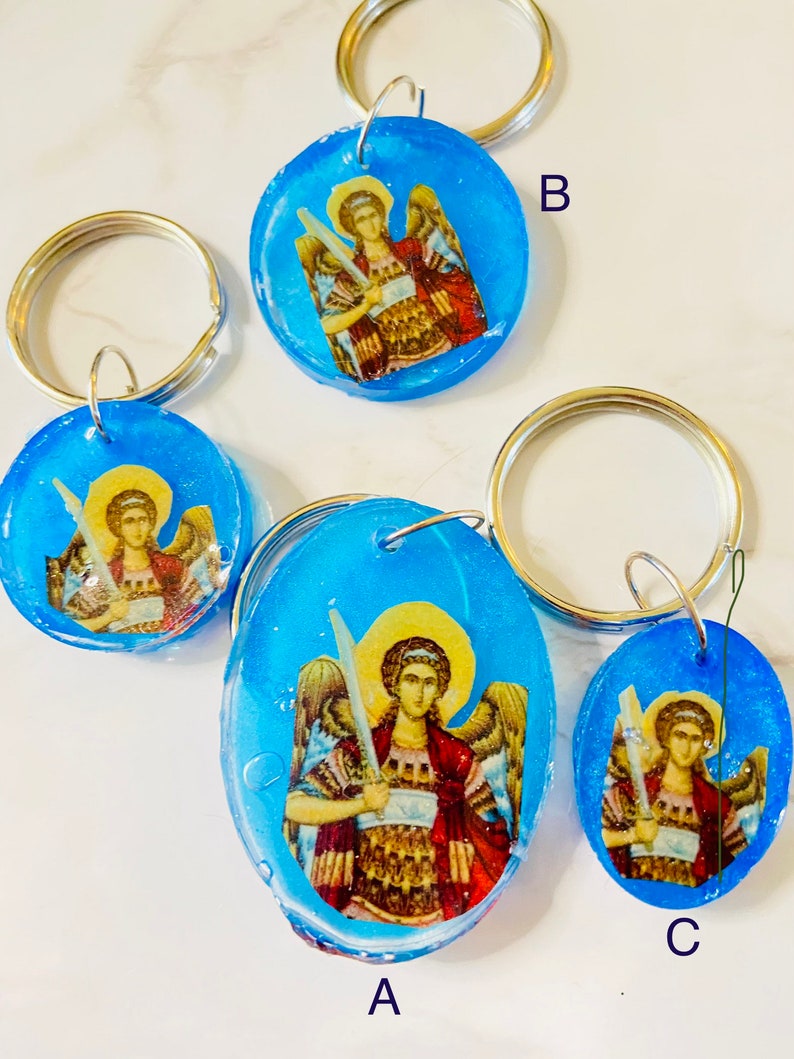 Saint Michael the Archangel Byzantine Greek Orthodox Icon Keychain, turquoise resin image 1