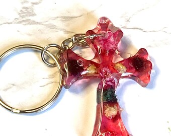 Cross handmade resin keychain, pink with flowers