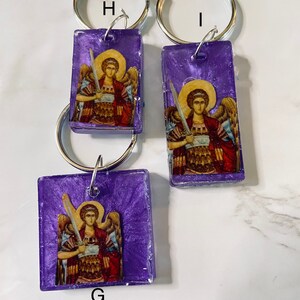 Saint Michael the Archangel Byzantine Greek Orthodox Icon Keychain, turquoise resin image 3