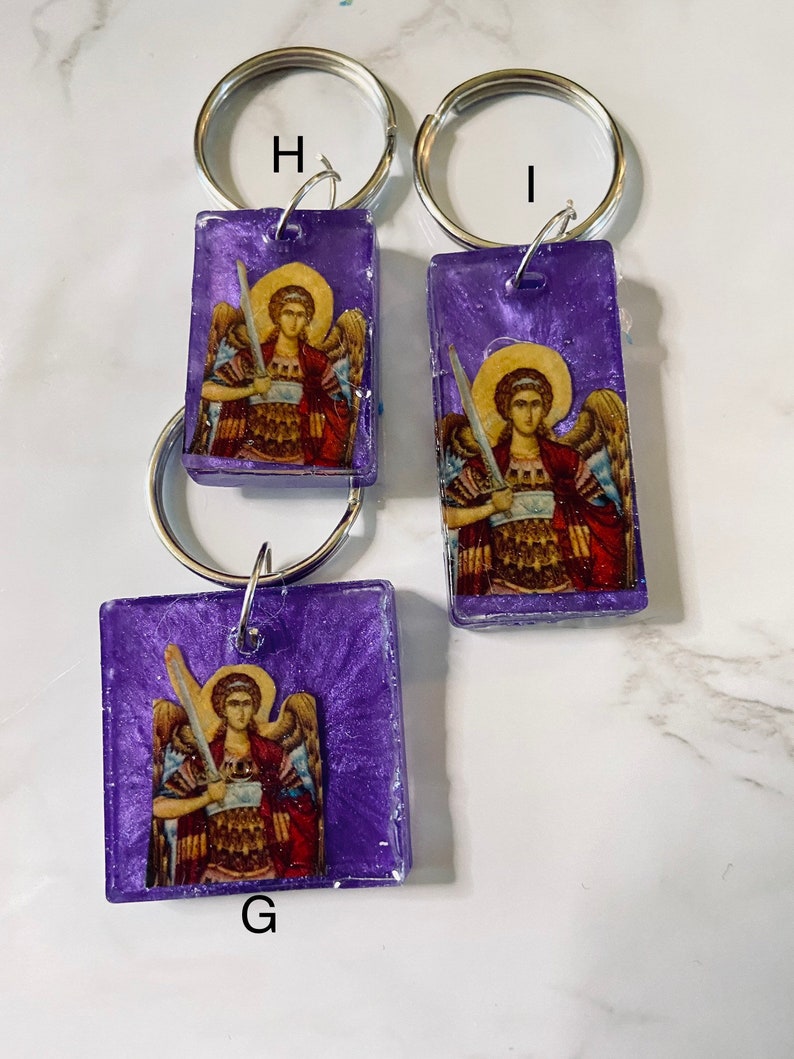 Saint Michael the Archangel Byzantine Greek Orthodox Icon Keychain, turquoise resin image 3