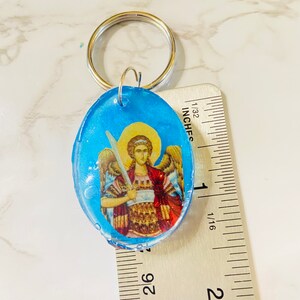 Saint Michael the Archangel Byzantine Greek Orthodox Icon Keychain, turquoise resin image 5