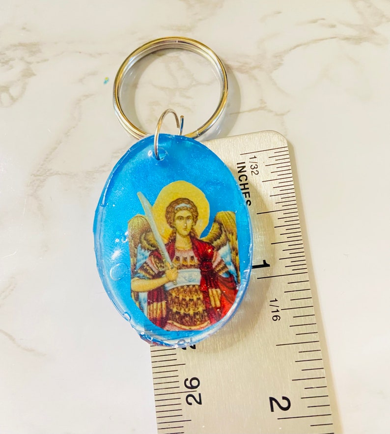 Saint Michael the Archangel Byzantine Greek Orthodox Icon Keychain, turquoise resin image 5